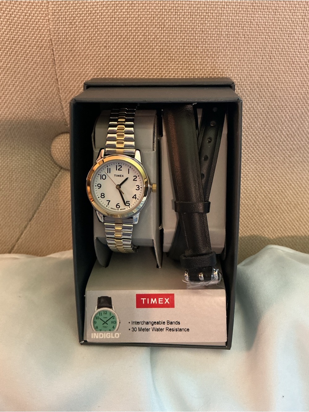 Timex Women's Two-Tone Gold and Silver Bracelet Watch with Black Leather Strap